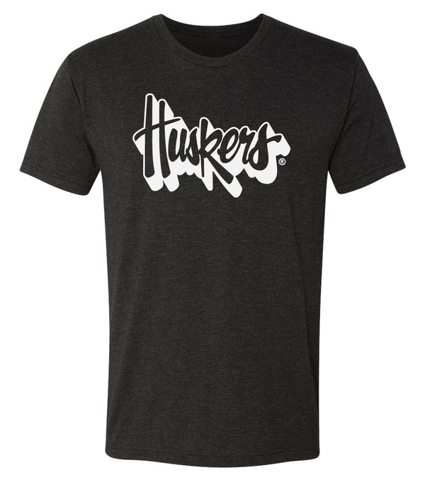 Nebraska Huskers Premium Tri-Blend Tee Shirt - White Script Huskers Outline