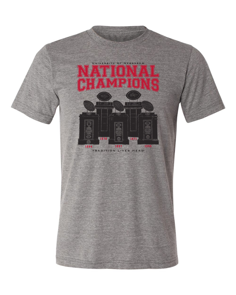 Nebraska Huskers Premium Tri-Blend Tee Shirt - Football National Champions Trophies