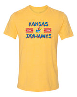 Kansas Jayhawks Premium Tri-Blend Tee Shirt - Horiz Stripe Rock Chalk