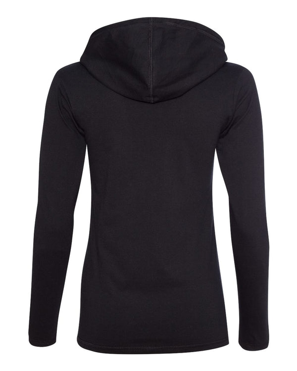 Women's Nebraska Husker Tee Shirt Long Sleeve Hooded - Script Blackshirts THROW THE BONES